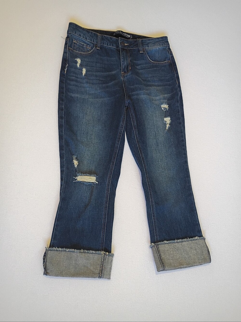 Vanilla Star Distressed Dark Wash Cuffed Capri Jeans Size 9 Casual Summer Spring